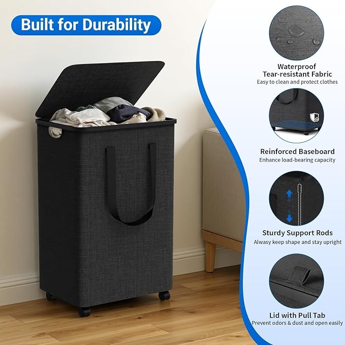 Laundry Basket with 5 Wheels, Tall Dirty Laundry Hamper, Rolling Laundry Basket with Lid, Collapsible Clothes Hamper for Bathroom Bedroom Dorm Laundry Room, Dark Gray, 75L