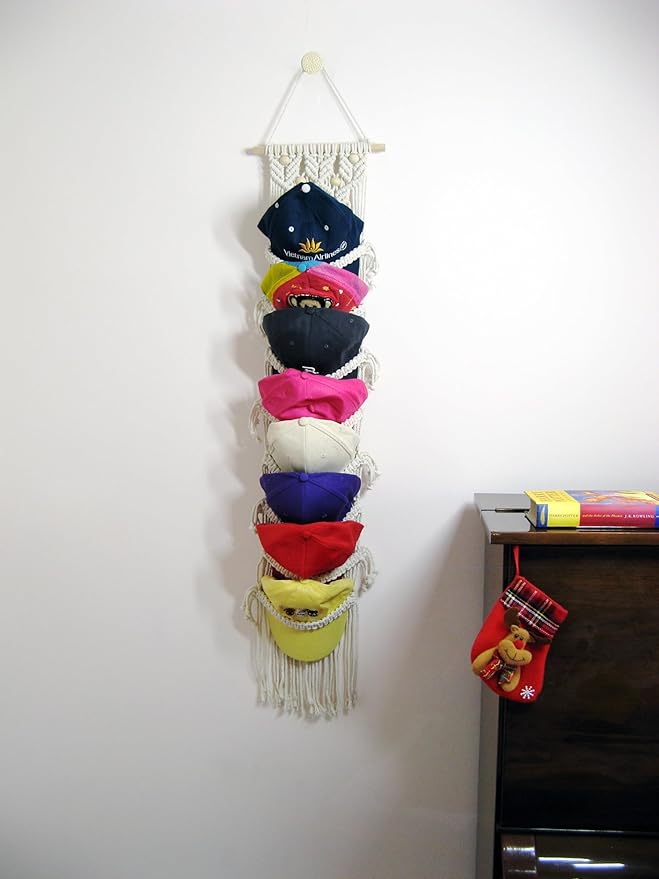 2 Pack 8-Tier Macrame Baseball Cap Organizer With Boho Hooks—Handwoven Boho Cap Holder,Macrame Hat Hangers-Space Saving Wall Storage for Living Room, Bedroom, Entryway