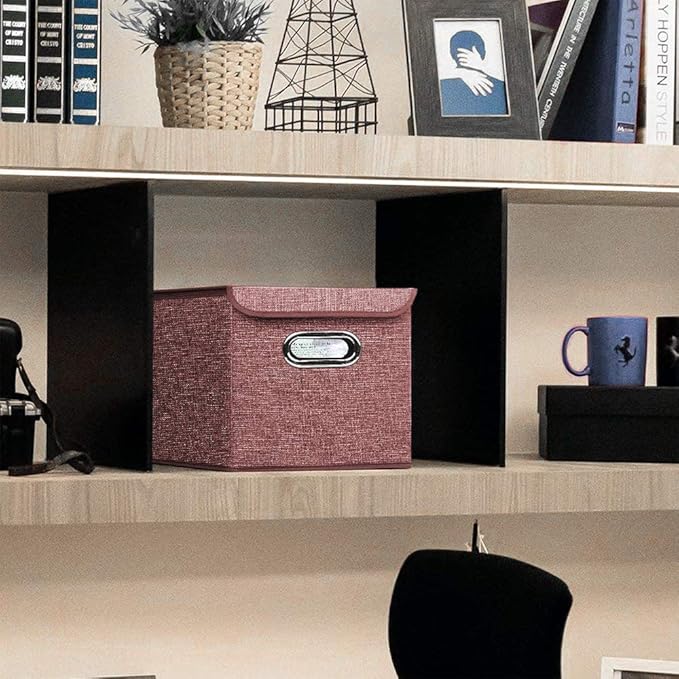 Storage Bin [Set of 4] Linen Fabric Foldable Container with Lid, Collapsible Organizer Boxes Cubes – 10 x 10 x 10 Inches (Red)