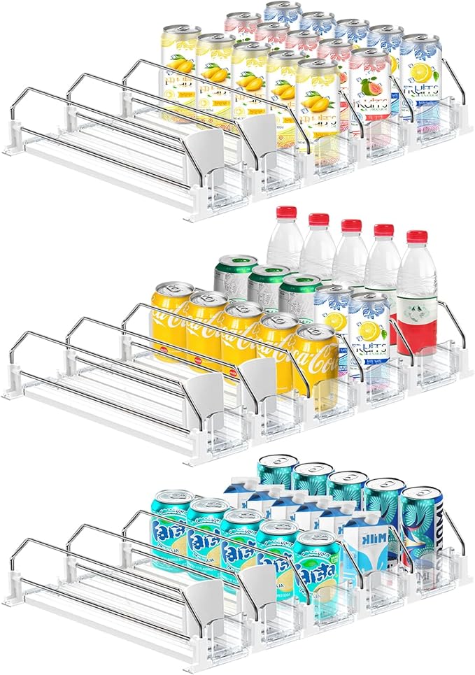 3 Pack Drink Organizer for Fridge, Self Pushing Fridge Drink Organizer, Self Pushing Soda Dispenser for Refrigerator, Automatic Drink Dispenser for Fridge, Holds up to 75 Cans (15 Rows)