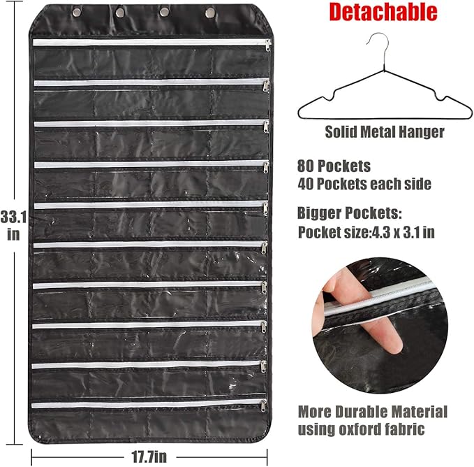 BB Brotrade Hanging Jewelry Organizer with Oxford Double Side 80 Zippered Storage Pocket (black)