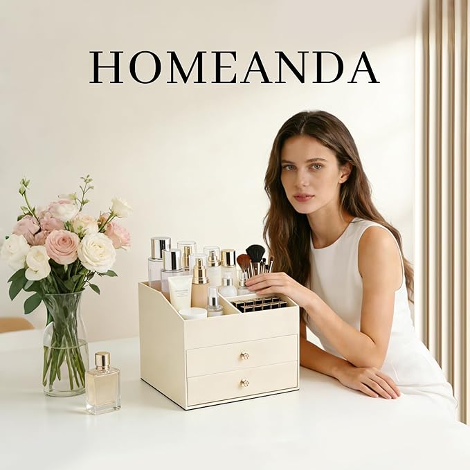 Homeanda Makeup Organizer with Drawers, PU Leather Cosmetic Storage Box Large Cosmetic Display Case for Skincare, Lipstick, Brushes, Bedroom Storage(Beige)