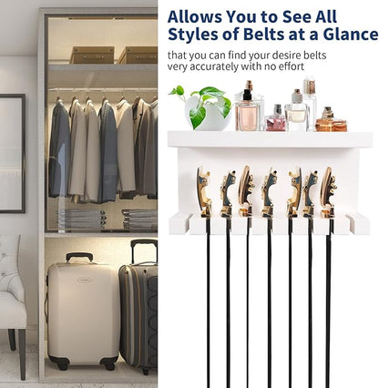 Yamahiko Belt Storage Organizer With Double Shelving Platform, Wall Mount Hanger Rack for Closet, Universal Holder for Men and Women, White