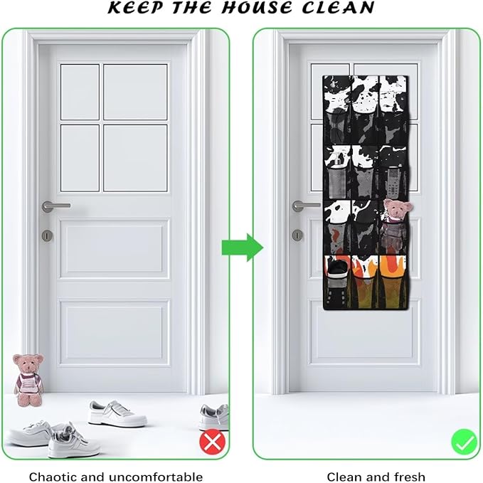 Over the Door Organizer with 12 Mesh Pockets, Storage Hanging Bag Behind the Door for Shoes Toys Cleaning Supplies, Perfect for Bedroom Bathroom or College Dorm, Cowhide and Flame