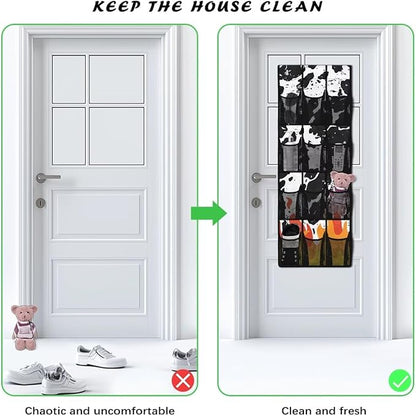 Over the Door Organizer with 12 Mesh Pockets, Storage Hanging Bag Behind the Door for Shoes Toys Cleaning Supplies, Perfect for Bedroom Bathroom or College Dorm, Cowhide and Flame