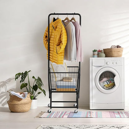 Rolling Laundry Cart with Wheels, Extra Large Laundry Hamper Basket Organizer with Clothes Hanging Rack, Wire Storage Cloth Shelf Butler, Black