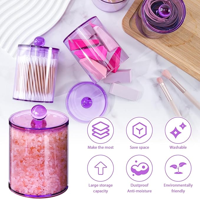 XIPENGKEJI 4 Pack Qtip Holder,Canister Apothecary Jar Set, Bathroom Jars with Lids Set for Cotton Swabs, Balls, Pads, Floss Picks,10oz-12oz Plastic Canisters Restroom Bedroom Vanity Organizer(Purple)