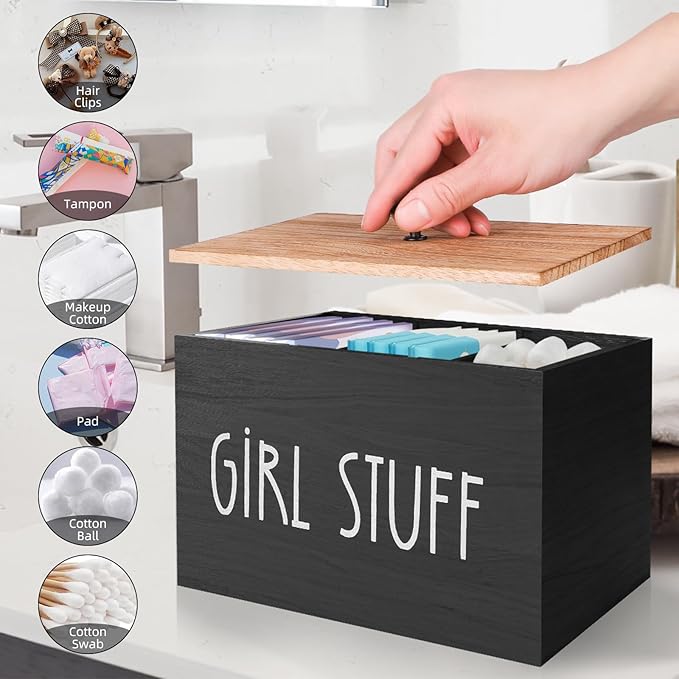 Tampon Holder for Bathroom,Feminine Product Organizer with Lid,Shark Week Tampon Storage Pad and Lady Stuff Box Tampon Organizer for Bathroom (Black)