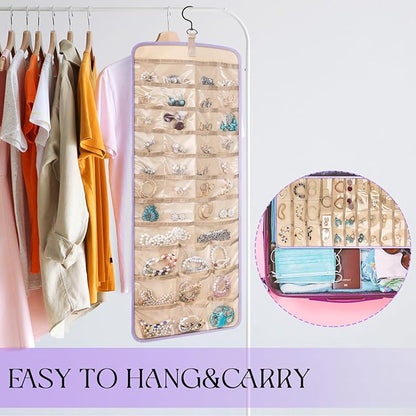 2 Pack Hanging Jewelry Organizer Storage with 39 Pockets, 30 Necklace Hooks Double Sided Wall Mount Earring Holder Organizer Bracelet Necklace Jewelry Display Hanger for Closet Door (Purple)