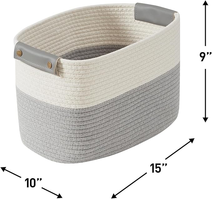 3 Pack Cotton Rope Storage Basket Woven Shelf Storage Bin with Faux Leather Handles, Decorative Closet Shelf Woven Basket for Storage Organizers, 15 x 10 x 9, White/Gray