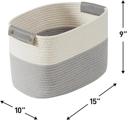 3 Pack Cotton Rope Storage Basket Woven Shelf Storage Bin with Faux Leather Handles, Decorative Closet Shelf Woven Basket for Storage Organizers, 15 x 10 x 9, White/Gray