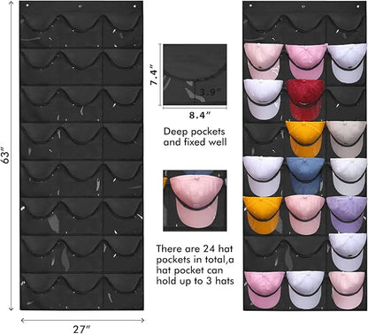 Hat Organizer for Storage of Baseball Caps, 24 Clear Deep Pockets, Rack for Wall/Door with Hooks(Black)
