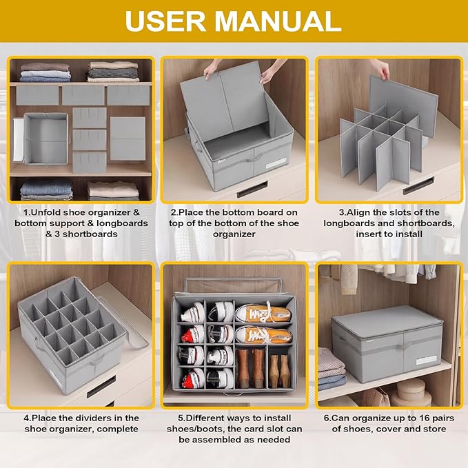 Shoe Organizer for Closet, Large Storage Box with 16 Compartments, Clear Vinyl Cover, Foldable, Heavy Duty, 21x16.5x13 Inches, Gray
