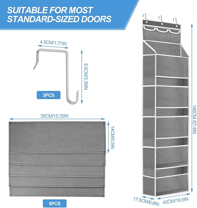 Over the Door Organizer with 5 Large Pockets, 5+3 Tiers Shelf Hanging Door Organizer, Adjustable Hanging Closet Organizer with Side 10 Mesh Pockets Heavy-Duty Non-Woven Fabric Fit Toys Shoes Diapers