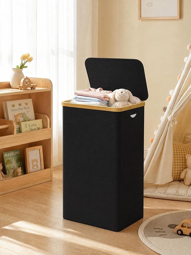 iEGrow Laundry Hamper with Lid, 110L Large Laundry Hamper with Handle and Lid, Collapsible Clothes Basket Organizer with Removable Inner Bag for Clothes Toys Towels - Black