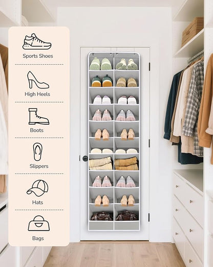 ULG Over The Door Shoe Organizer for Closet Fit 24-32 Pairs with Large Deep Pockets, Narrow Shoe Rack for Door Hanging Boots Storage, Black