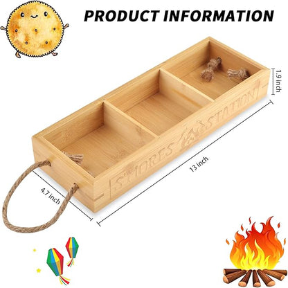 WANGDEFA S'mores Station Box Smores Caddy Smores Tray Smores Basket for Fire Pit S'mores Bar Holder Wooden Organizer Box for Serving Snacks Camping BBQ Accessories Displaying Utensils