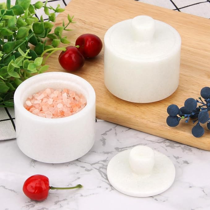 Marble Salt Cellar with Lid, Stone Salt or Pepper Bowl Box Container Jar Holder Well Keeper Dish Pig Crock (Solid White)