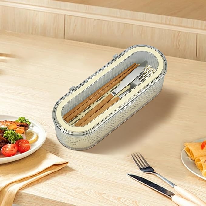 Silverware Storage Container with Lid and Drain,Clear Covered Cutlery Tray for Kitchen Drawers and Countertops Organizing Cutlery and Kitchen Gadgets