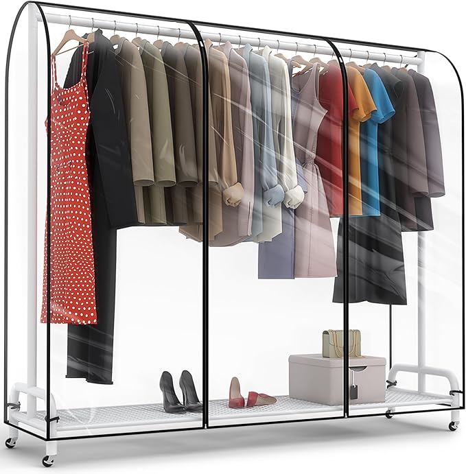 Clear Garment Rack Cover 75" L x 20" W x 60" H, Clothes Rack Cover with Reinforced Double Zippers, Waterproof PEVA Dustproof Protection – Cover Only, Rack Not Included