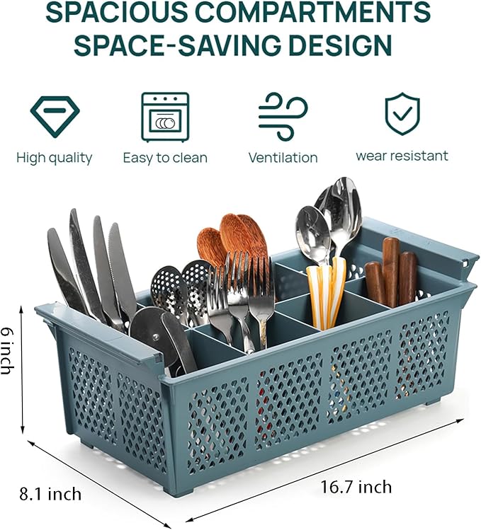 Nicunom Large Flatware Rack, 16" Plastic Cutlery Basket 8-Slot Silverware Organizer for Knives, Forks, Spoons, Utensils, Flatware Dishwasher Basket for Kitchen Restaurant Camping RV