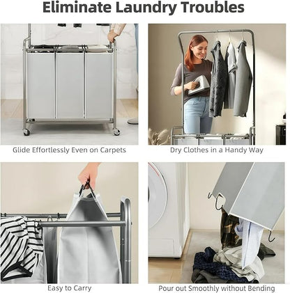 ROMOON Laundry Sorter Hamper with Hanging Bar, 3 Section Rolling Laundry Cart with Clothes Rack & Heavy-Duty Lockable Wheels, Divided Laundry Basket Organizer for Apartment & Small Spaces (135L Grey)