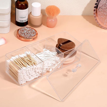 3 Pack Clear Acrylic Organizer with Lid, 3 Compartments Cotton Ball and Swab Holder Jar, Waterproof Bathroom Storage Containers for Vanity, Makeup Pads, Cosmetics, 8.94x3.54x2.56 Inch