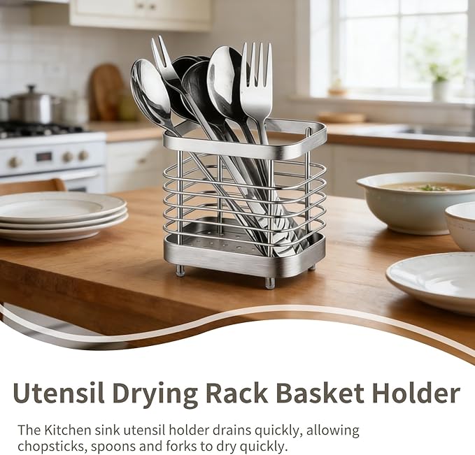 Cyrank Utensil Drying Rack Basket Holder, Stainless Steel Utensil Drying Rack, Flatware Silverware Caddie Holder Basket Organizer Draining Wall Mount No Drilling for Kitchen(S-silver)