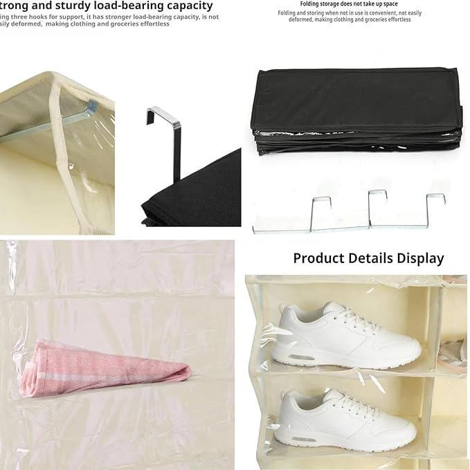 Hoodie Sweatshirt Storage Hack, Door Hanging Shoe Rack Organizer, 26-Pocket Clear Holder, Large 63" x 22" Foldable Behind The Door Organizer (Beige 1PC)