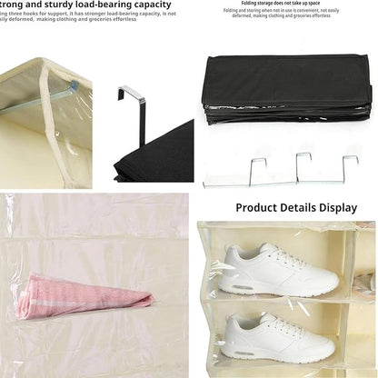 Hoodie Sweatshirt Storage Hack, Door Hanging Shoe Rack Organizer, 26-Pocket Clear Holder, Large 63" x 22" Foldable Behind The Door Organizer (Beige 1PC)