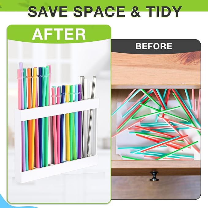 Qinyoung Wooden Straw Holder for Cabinet Door with Double Sided Adhesive Tape Tumbler Straw Organizer for Cupboard Reusable Tumbler Storage Container for Kitchen Counter(White)