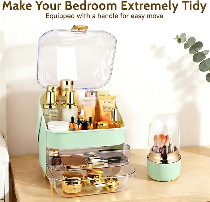 Makeup Organizer with Drawers-Cosmetic Display Case for Vanity|Skincare Organizer with 360 Rotating Brush Holder,Large Storage Box Dresser,Women Gifts Display Cases for Bathroom Countertop,Green