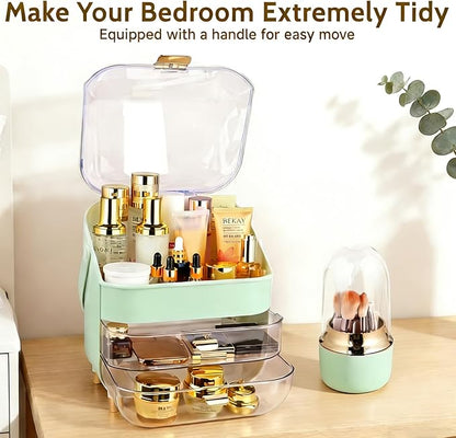 Makeup Organizer with Drawers-Cosmetic Display Case for Vanity|Skincare Organizer with 360 Rotating Brush Holder,Large Storage Box Dresser,Women Gifts Display Cases for Bathroom Countertop,Green