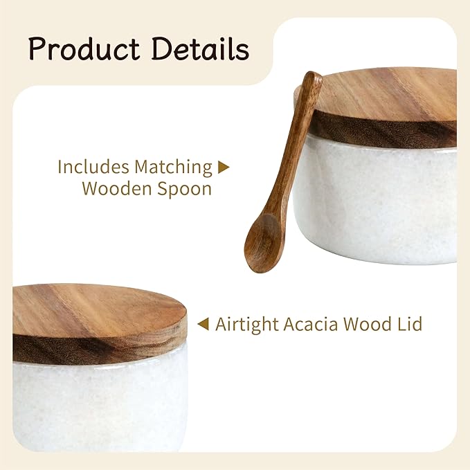 Marble Salt Cellar with Acacia Wood Lid and Spoon – 4-inch Salt Box with Spoon Slot, Kitchen Spice Container for Salt, Sugar, or Spices (White)