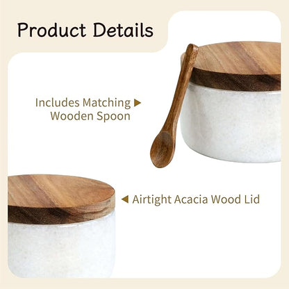 Marble Salt Cellar with Acacia Wood Lid and Spoon – 4-inch Salt Box with Spoon Slot, Kitchen Spice Container for Salt, Sugar, or Spices (White)