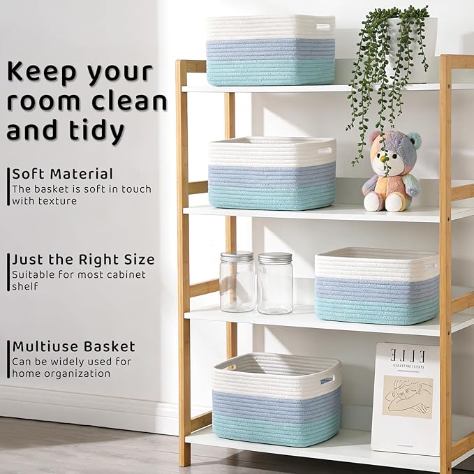 4 Pack Storage Baskets for Organizing, 12''Lx9''Wx8''H Woven Baskets for Storage Toys, Towels, Books, and Clothes, Cotton Rope Basket for Shelves with Handle White & Brown