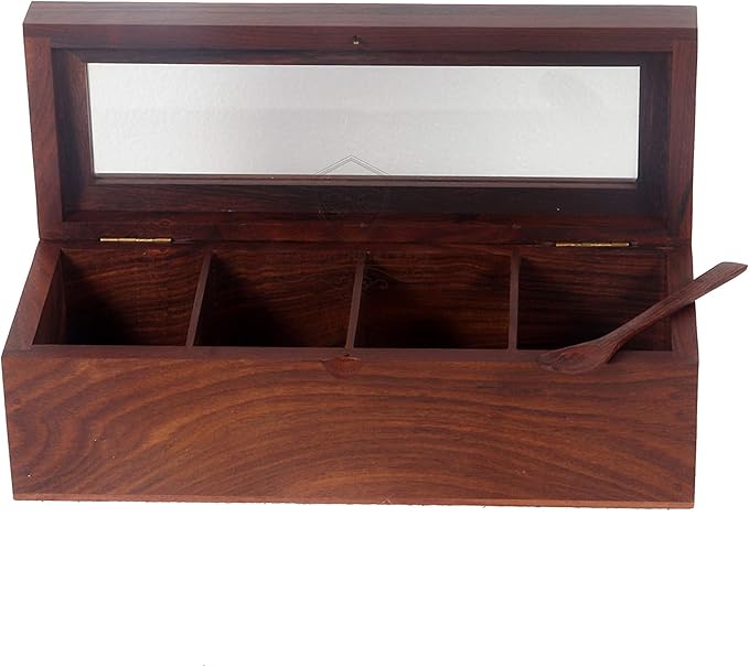 Wooden Spice Box, Masala Container, Condiments Storage Case for Kitchen, Multipurpose Decorative Box - Indian Rosewood Crafted