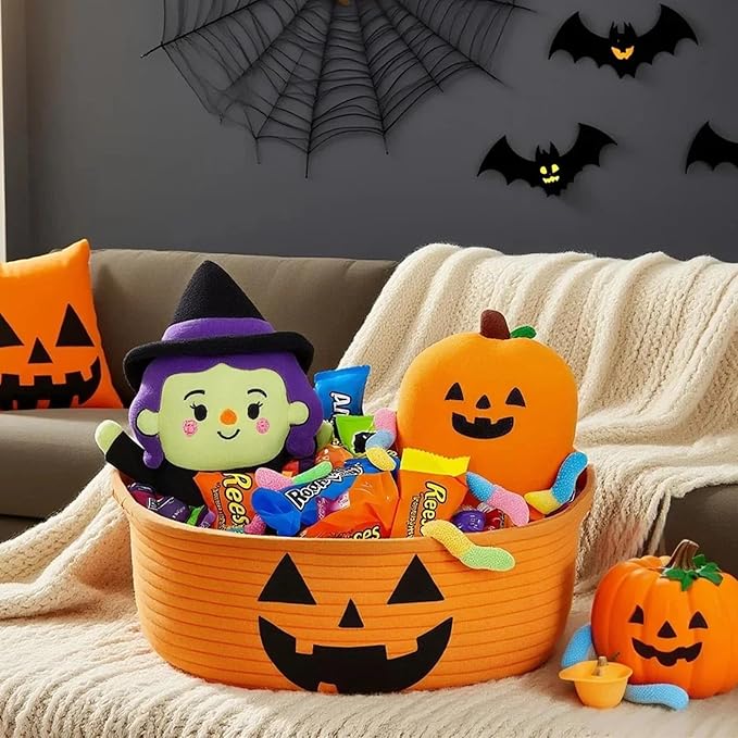 ShellKingdom Halloween Basket, Storage Basket with Handles, Empty Halloween Decorations Gift Baskets with Gift Bags and Ribbon, 12 X 8 X 5 INCH