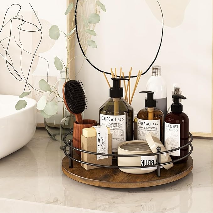 12" Lazy Susan Turntable Organizer,Round Wooden Lazy Susan Organization and Rotating Spice Rack for Dining Table,Pantry,Kitchen Countertop,Vanity,Cupboard and More. (Heightened Version,Round)