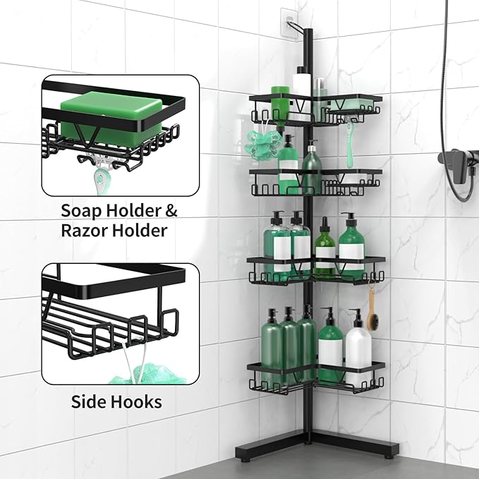 DAOYA Standing Shower Caddy Corner - 4-Tier Floor Shower Caddy Corner Adjustable Bathroom Organizers and Storage with Soap Holder & Razor, Bathroom Free-Standing Organizer for Large Bottles