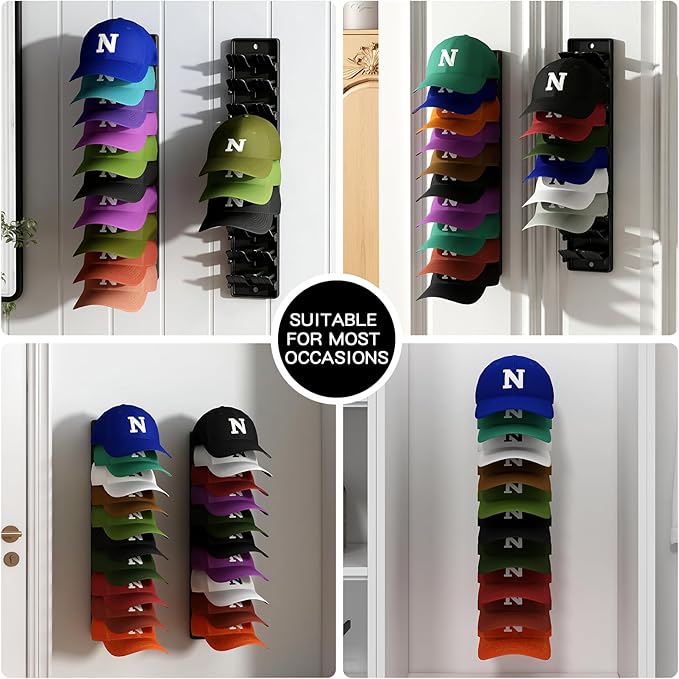 Hat Organizer for Baseball Caps, 2 Pack Wall Mount Hat Rack with Spring Clips, Holds 20 Caps, Black Hat Holder for Closet Door