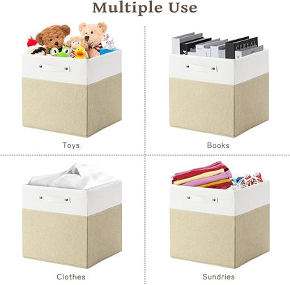 FinishingBo 13 x 13 Inch Fine Linen Storage Bins with Handles，Fabric Cube Boxs，Basket Organizers for Shelves for Home, Closet Drawers (White/Khaki-4 Pack)