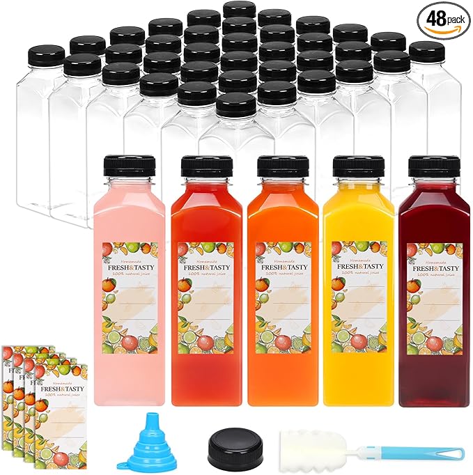 TOMNK 48pcs Juice Bottles, 16oz Reusable Plastic Juice Bottles with Caps and Labels, Funnel, Brush Beverage Containers for Juicing, Smoothies, Tea, Milk