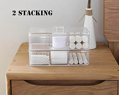 Sooyee Qtip Holder Rectangle Cotton Ball and Swab Holder Organizer with Lid, Dustproof,Waterproof,Clear Acrylic 3 Compartment Cotton Pad Container for Cotton Swabs, Make Up Pads, Cosmetics