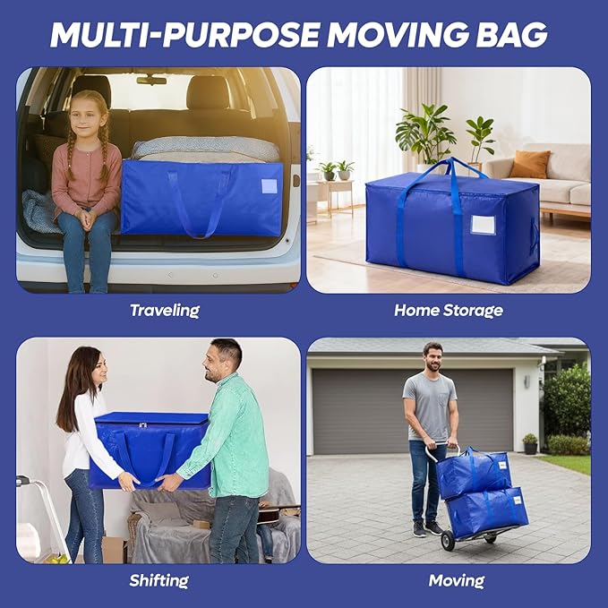 4 Pack Extra Large Moving Bags with Strong Zipper & Handles - Heavy Duty Clothes Storage Tote Bins - Moving Boxes for Space Saving, College Supplies with Drawstring bag