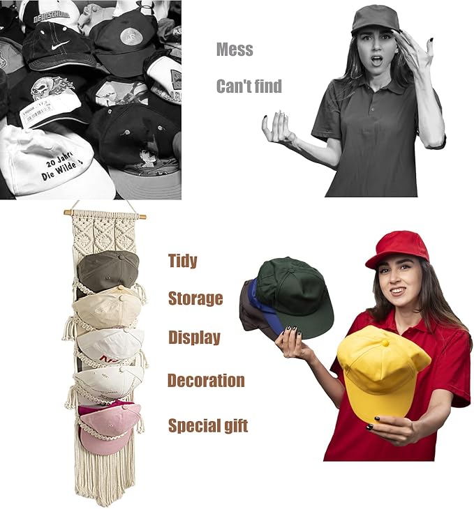 jontell Cap Holder-3 Pack-Hat Organizer for 30 Baseball Caps, Macrame Hat Rack for Wall, Cap Rack for Decoration and Display, Boho Handmade Cap Hanger Over Door Organizer