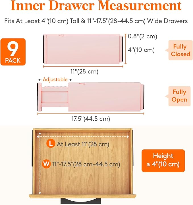 Lifewit 9 Pack Drawer Dividers 4" High 28-43.5cm/11-17" Adjustable Drawer Organizer for Clothes/Utensils, Expandable Drawer Separator in Dresser/Kitchen/Bedroom/Office Organization & Storage Pink