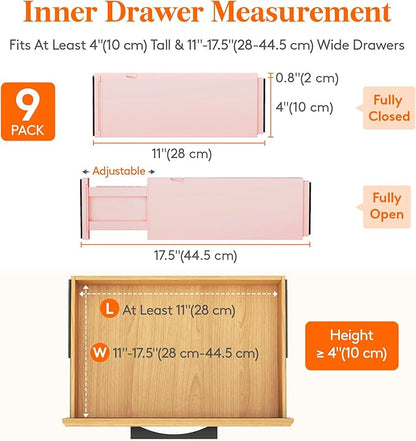 Lifewit 9 Pack Drawer Dividers 4" High 28-43.5cm/11-17" Adjustable Drawer Organizer for Clothes/Utensils, Expandable Drawer Separator in Dresser/Kitchen/Bedroom/Office Organization & Storage Pink