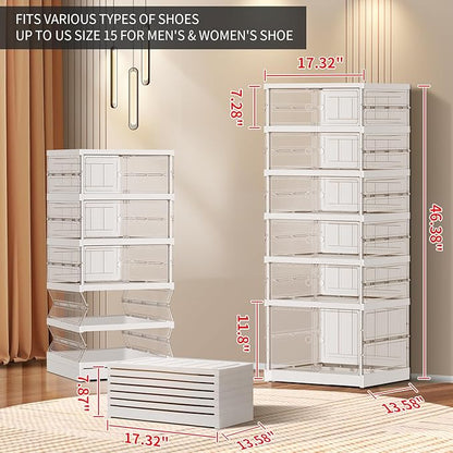 CIMLORD 6-Tier Foldable Shoe Rack for Closet Entryway 6-12Pairs,Stackable Clear Shoe Storage Boxes Organizer with Door Plastic Small Shoe Cabinet Bins with Lids Shoes Shelf Easy Assembly White