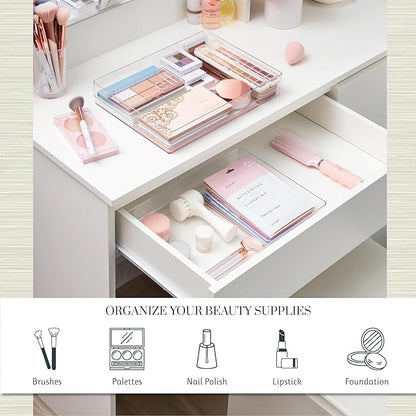STORi SimpleSort 2-Piece Stackable Clear Drawer Organizer Set | 12" x 9" x 2" Rectangle Trays | Wide Makeup Vanity Storage Bins and Office Desk Drawer Dividers | Made in USA